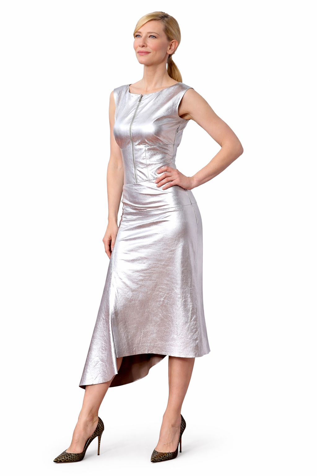 Genuine Lambskin Leather Silver Midi Dress