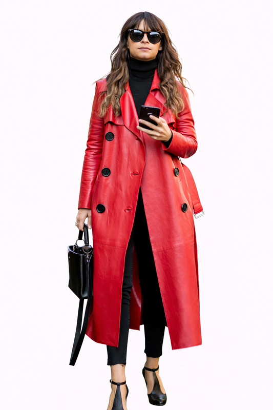 Red Genuine Lambskin Leather Trench Coat