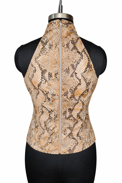 Genuine Lambskin Leather Snakeskin Print Top