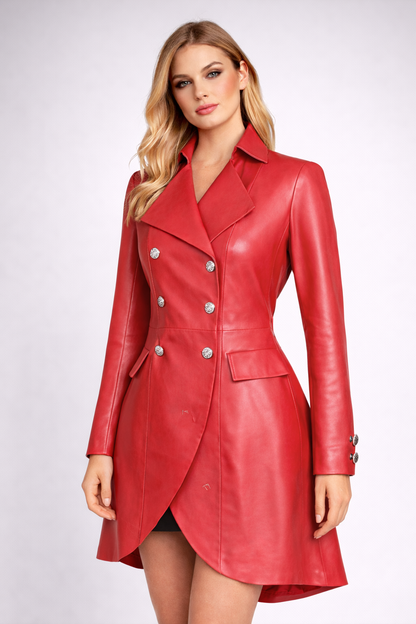 Genuine Lambskin Leather Red Blazer Dress