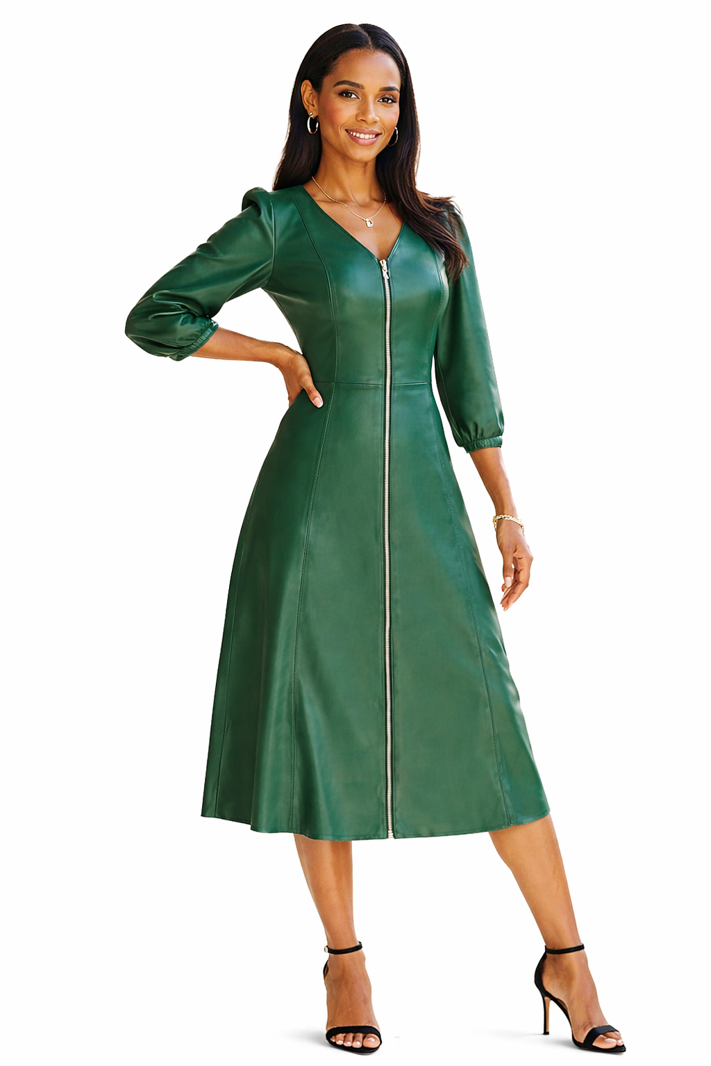 Genuine Lambskin Leather Green Midi Dress