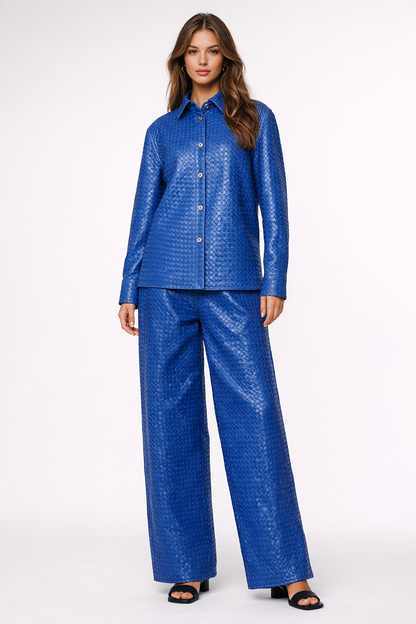Genuine Lambskin Leather Handwoven Blue Two-Piece Suit