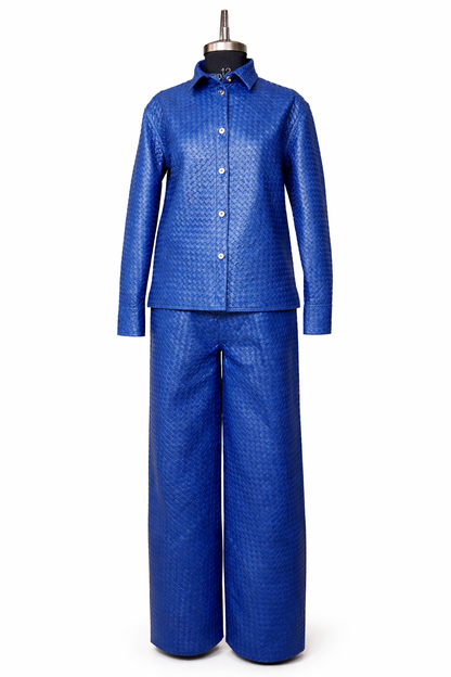 Genuine Lambskin Leather Handwoven Blue Two-Piece Suit