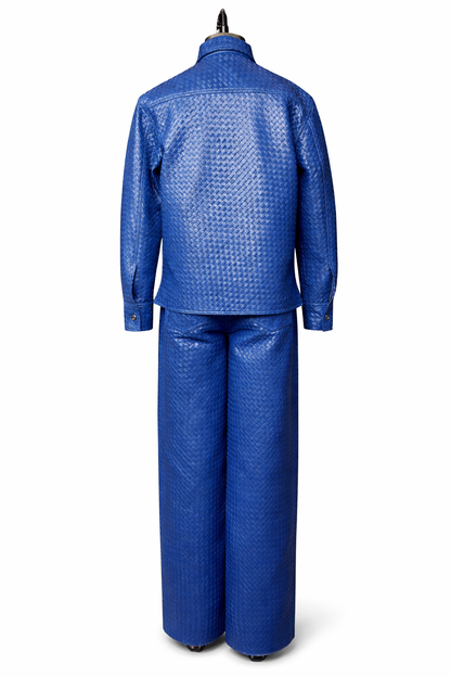 Genuine Lambskin Leather Handwoven Blue Two-Piece Suit
