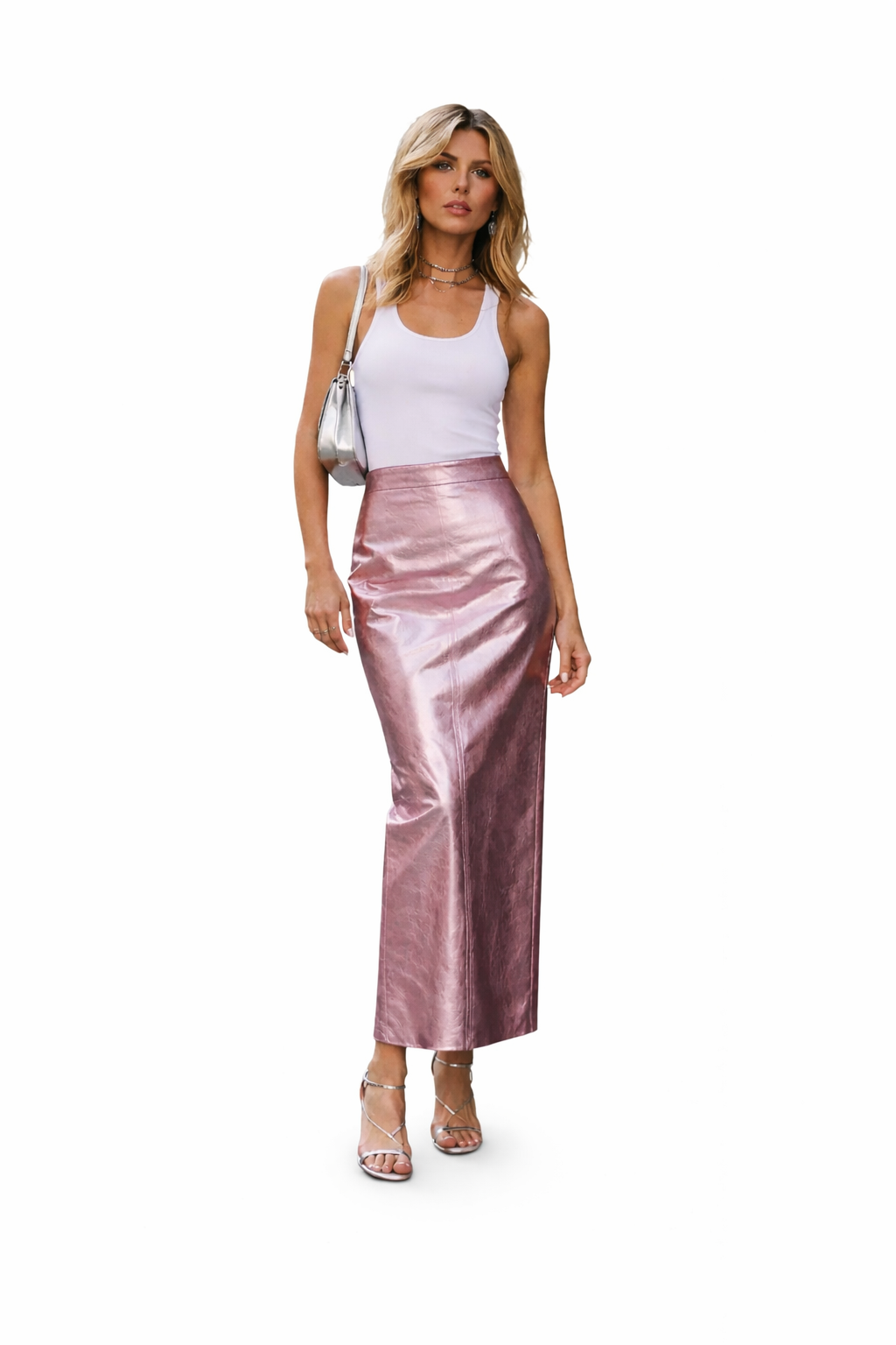Genuine Lambskin Leather Metallic Pink Midi Skirt
