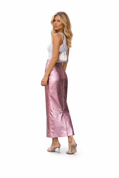 Genuine Lambskin Leather Metallic Pink Midi Skirt