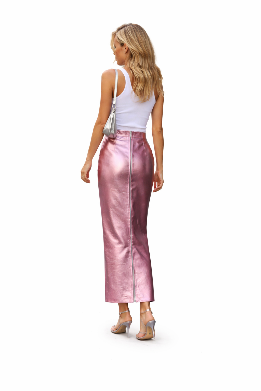 Genuine Lambskin Leather Metallic Pink Midi Skirt