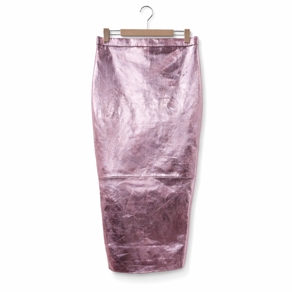 Genuine Lambskin Leather Metallic Pink Midi Skirt
