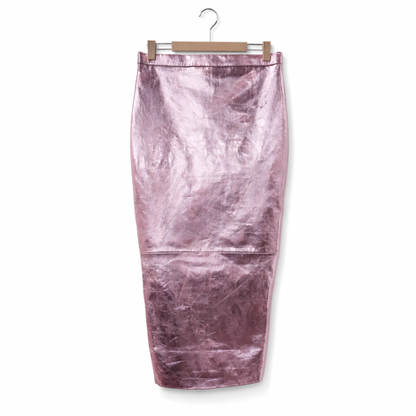 Genuine Lambskin Leather Metallic Pink Midi Skirt