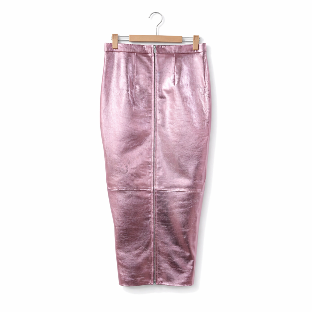 Genuine Lambskin Leather Metallic Pink Midi Skirt