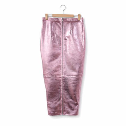 Genuine Lambskin Leather Metallic Pink Midi Skirt