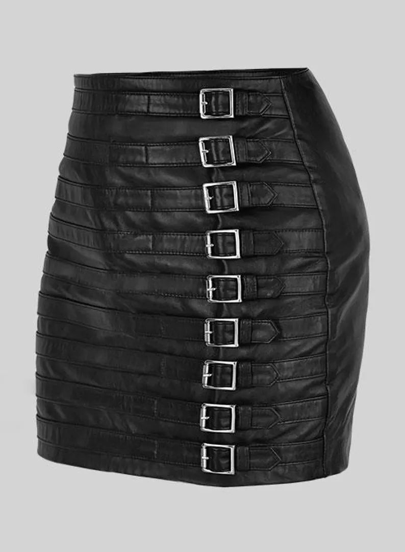 Genuine Lambskin Leather Mini Skirt with Side Buckle Straps