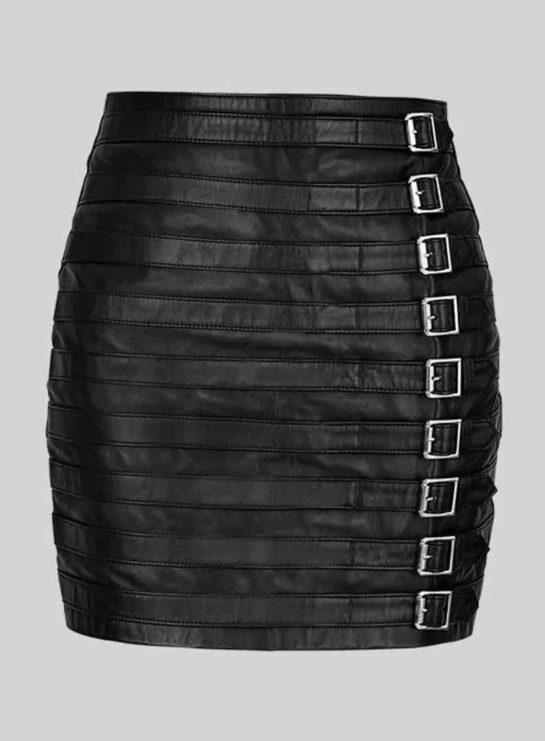 Genuine Lambskin Leather Mini Skirt with Side Buckle Straps