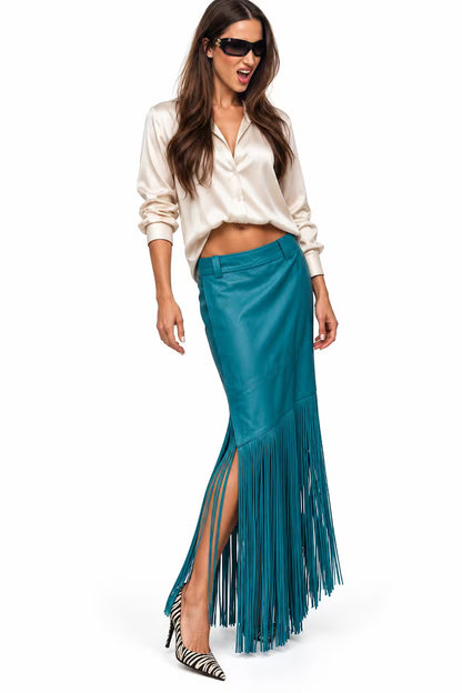 Genuine Lambskin Leather Fringe Skirt