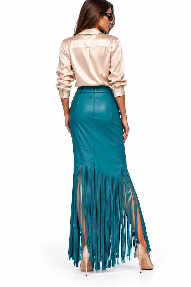 Genuine Lambskin Leather Fringe Skirt