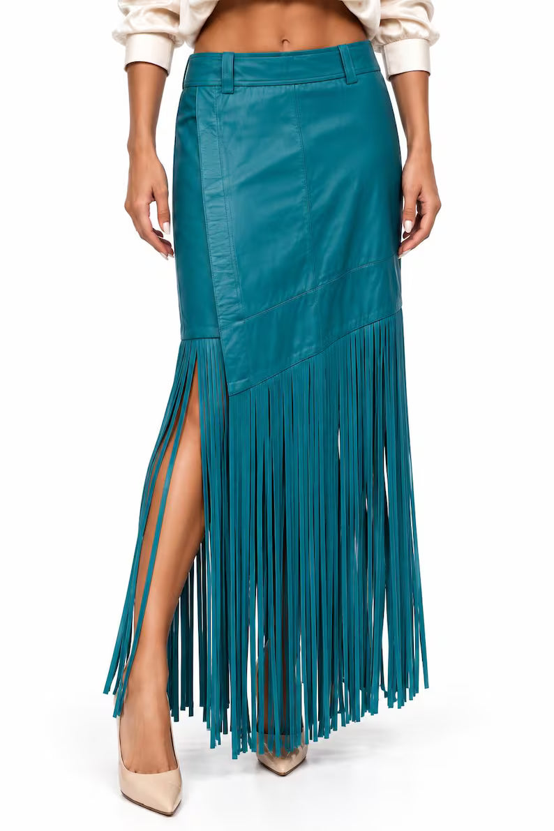 Genuine Lambskin Leather Fringe Skirt