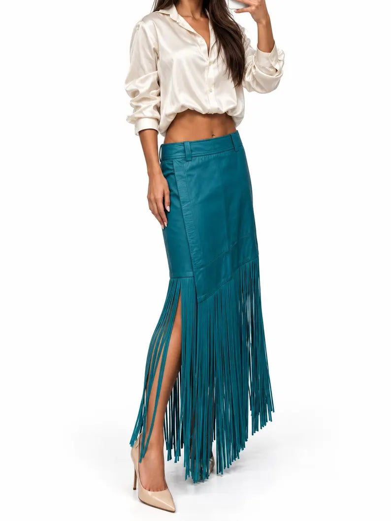 Genuine Lambskin Leather Fringe Skirt