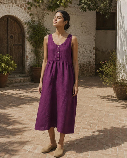 Magenta Pink Linen Midi Dress, Sleeveless V-Neck Relaxed Summer Dress