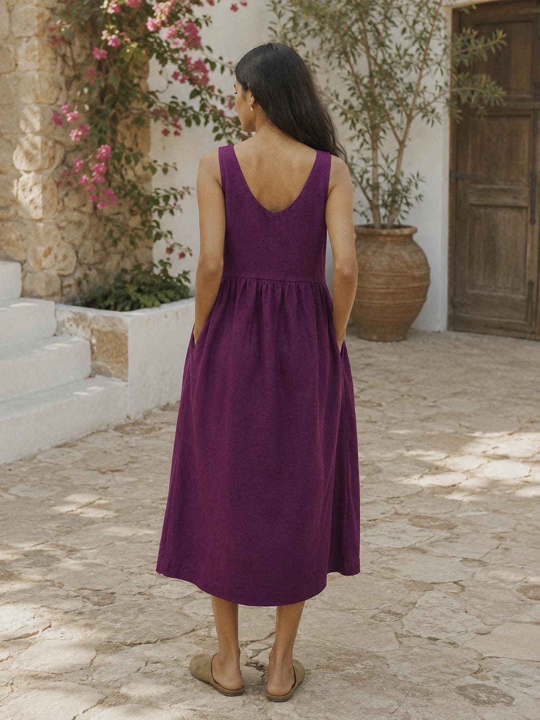 Magenta Pink Linen Midi Dress, Sleeveless V-Neck Relaxed Summer Dress
