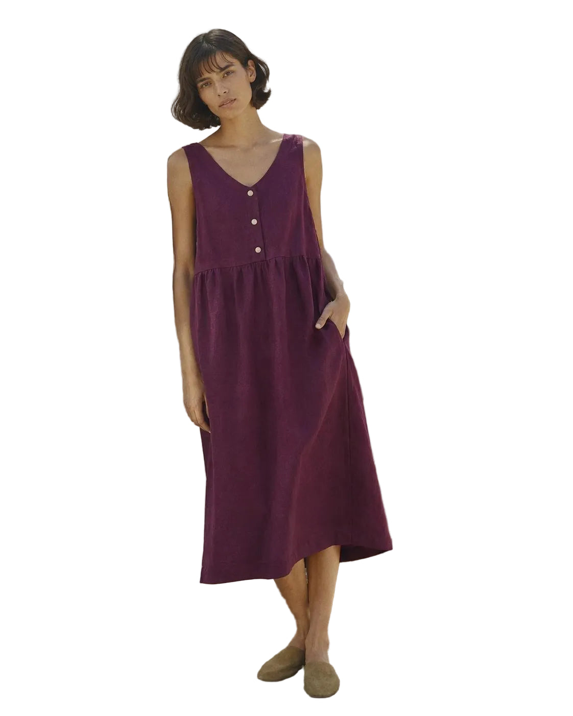 XS Magenta Pink Linen Midi Dress, Sleeveless V-Neck Relaxed Summer Dress